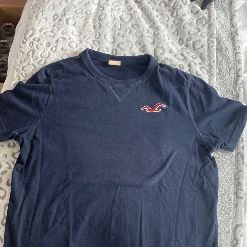 **FINAL CHANCE**Hollister Men's Dark Blue Tee with Red Logo